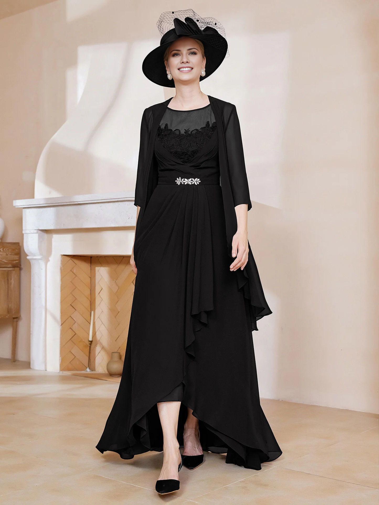 Illusionary collar ruffled dress paired with jacket mother of the bride dress
