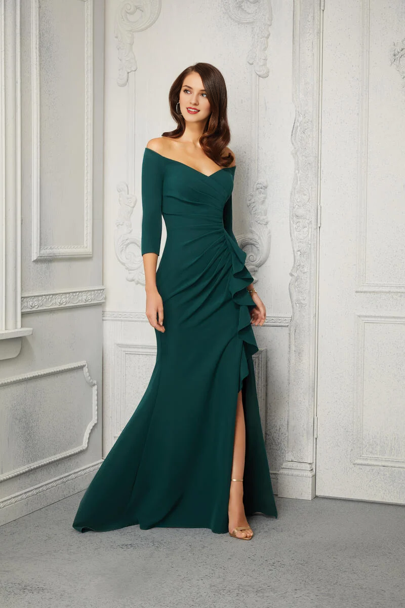 Off shoulder collar three-quarters sleeves with ruffled edges and floor length for mothers of the bride dresses