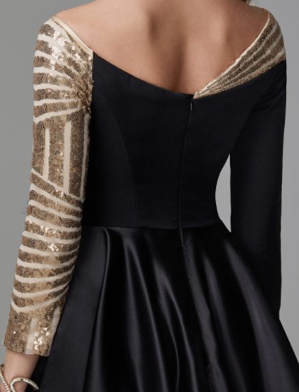 Black Sparkle Formal Evening Dress Off Shoulder Long Sleeve Floor Length Satin with Sequin