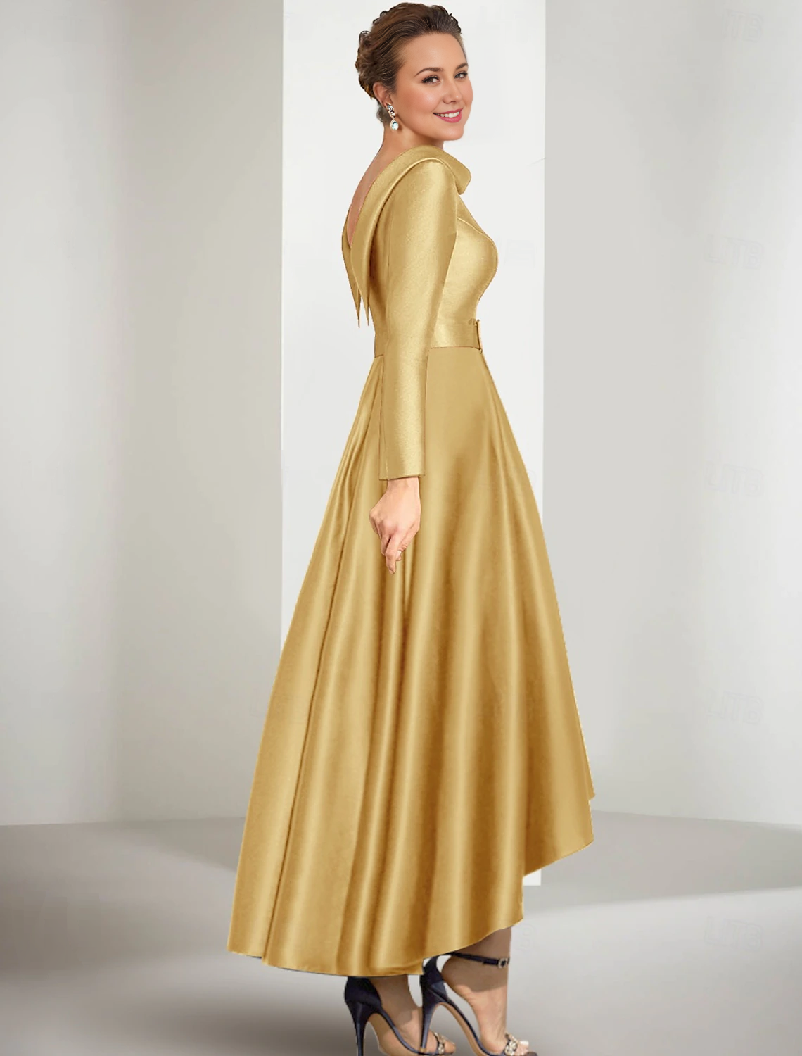 A-shaped bride mother dress elegant gemstone collar asymmetrical satin long sleeved belt/ribbon 2025