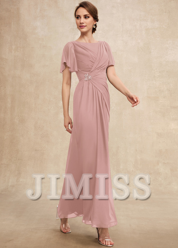Beaded pleated A-line plunging ankle-length chiffon mother of the bride dress