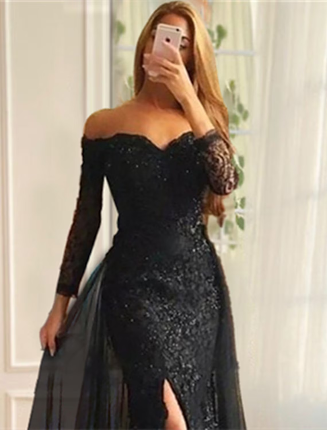 Evening Gown Floral Dress Formal Long Sleeve Off Shoulder Chiffon with Sequin Slit Appliques