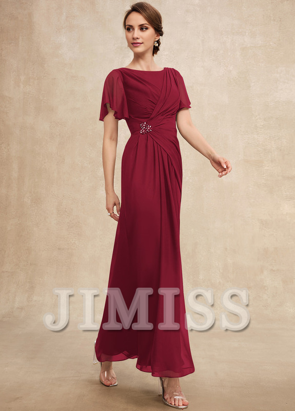 Beaded pleated A-line plunging ankle-length chiffon mother of the bride dress