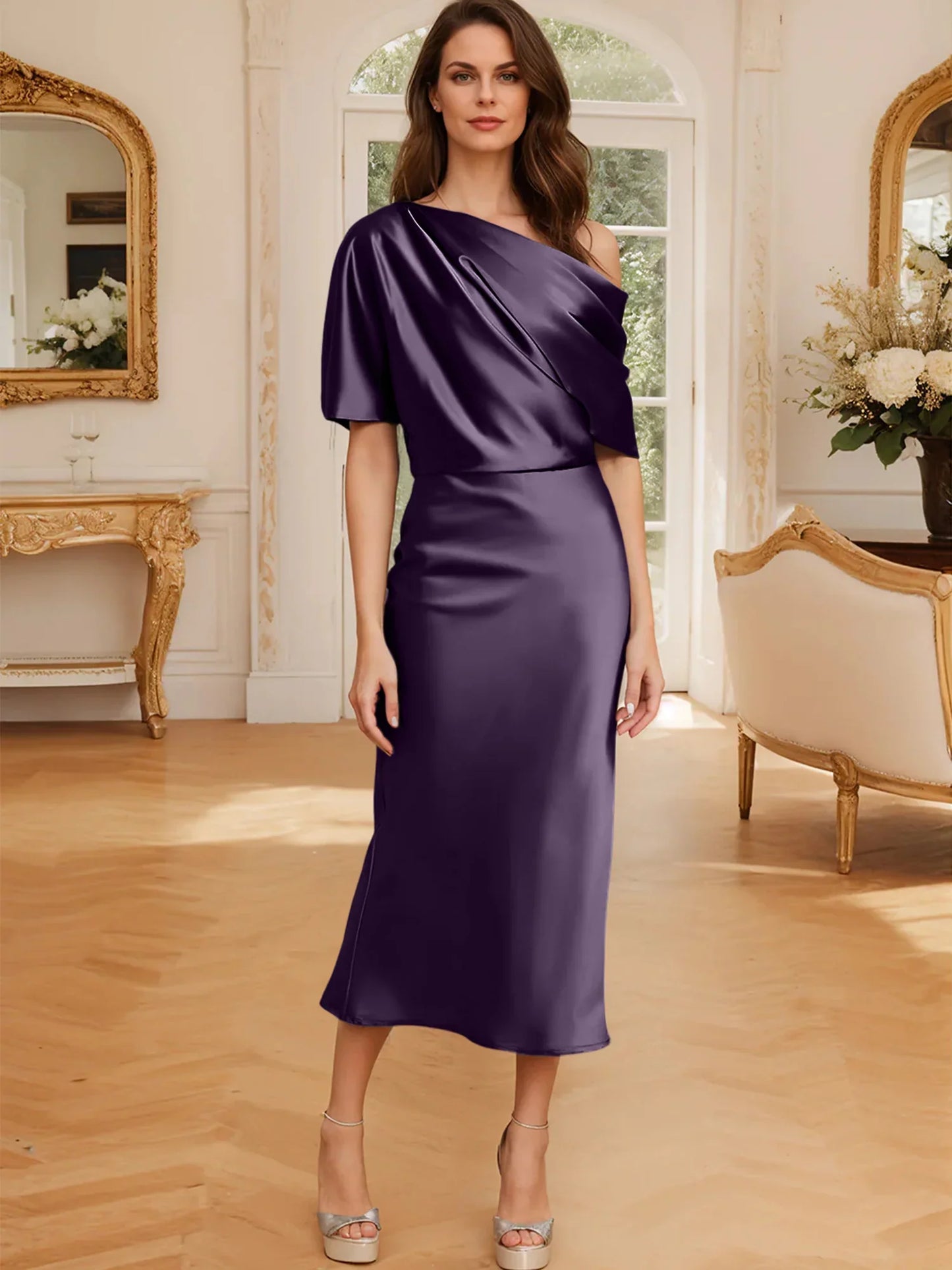 Tight fit/straight cut off shoulder mother of the bride dress