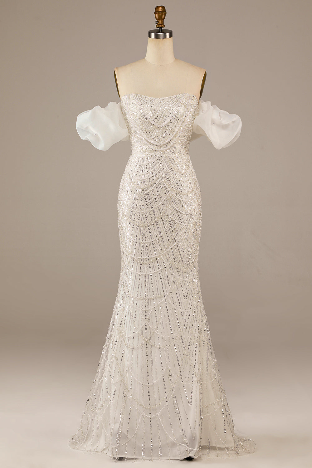 Mermaid Off The Shoulder Sweep Train Wedding Dress with Sequins Sparkly Prom Dresses