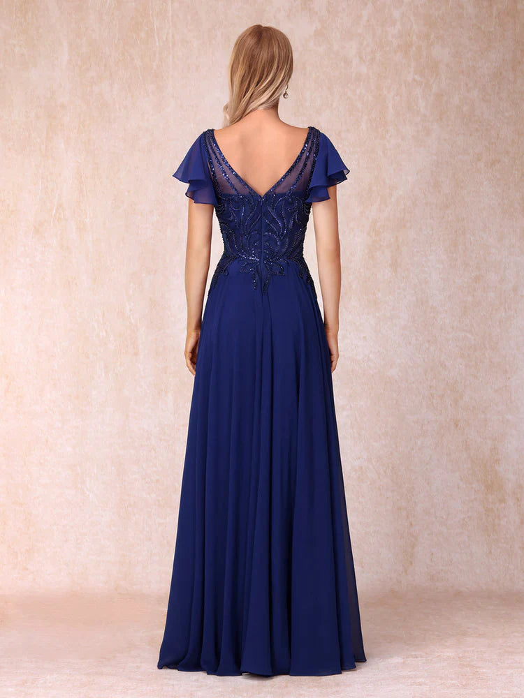 A-line/Princess V-neck short sleeved long formal mother of the bride dress