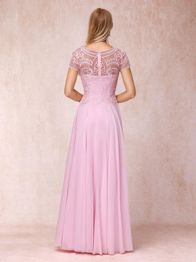 A-line/princess transparent collar short sleeved long with decal mother of the bride dress