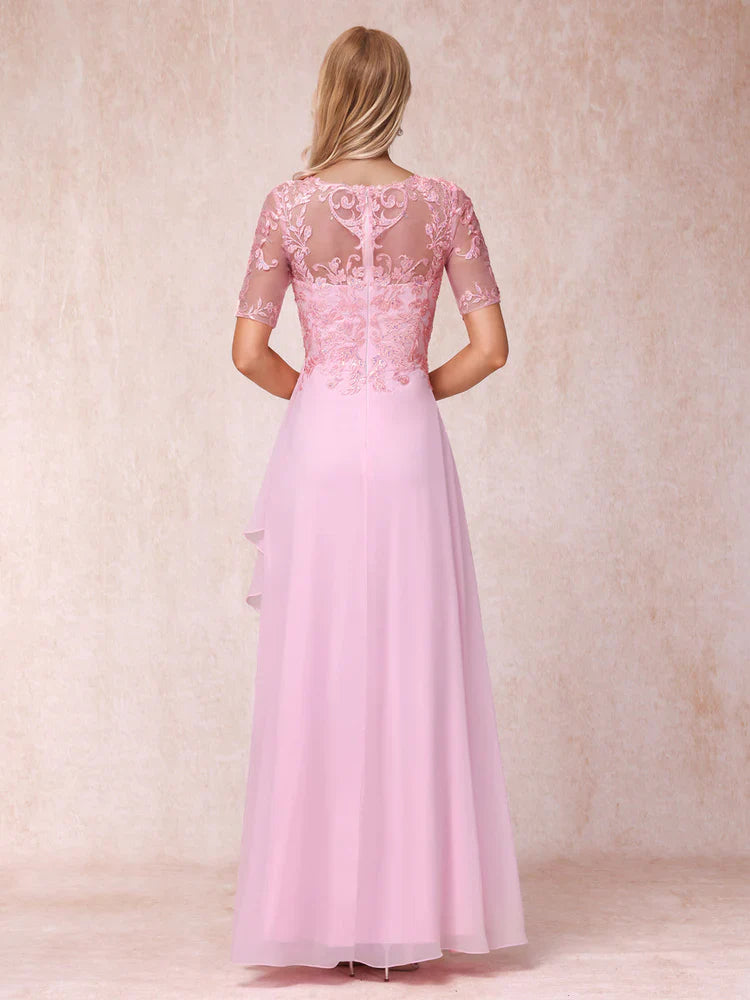 A-line/Princess V-neck short sleeved long formal mother of the bride dress