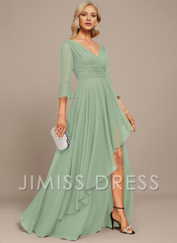 Jimiss A-line V-neck floor mopping chiffon strap with layered ruffles mother of the bride dress
