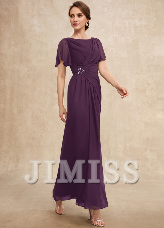 Beaded pleated A-line plunging ankle-length chiffon mother of the bride dress