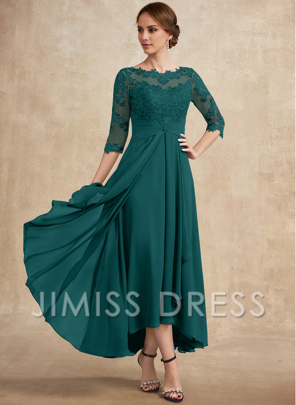 Jimiss A-line hollow illusion asymmetrical lace chiffon belt with layered ruffles mother of the bride dress