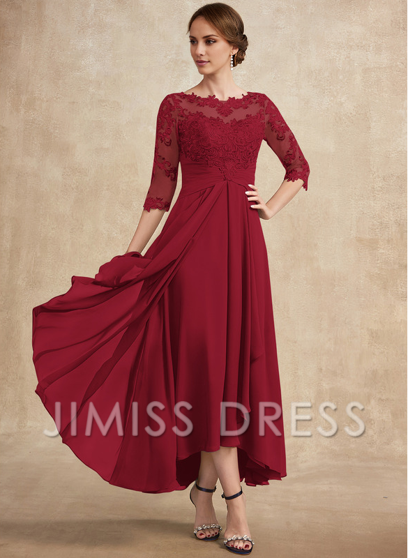 Jimiss A-line hollow illusion asymmetrical lace chiffon belt with layered ruffles mother of the bride dress