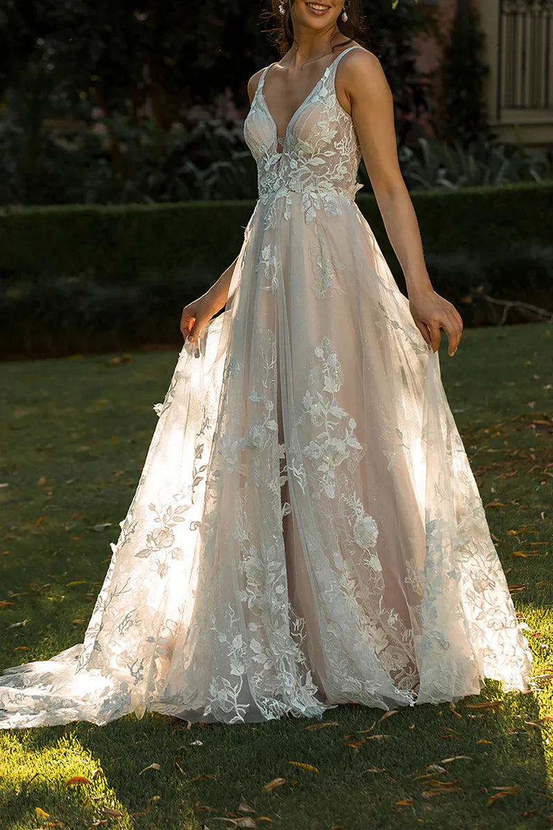 A Line Boho V Neck Lace Appliques Sweep Train Wedding Dress