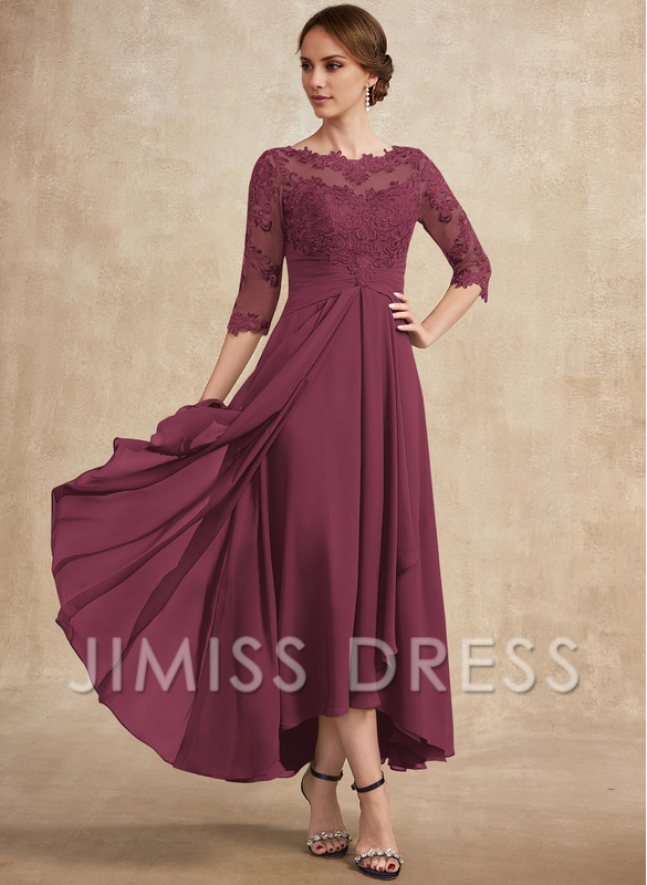 Jimiss A-line hollow illusion asymmetrical lace chiffon belt with layered ruffles mother of the bride dress