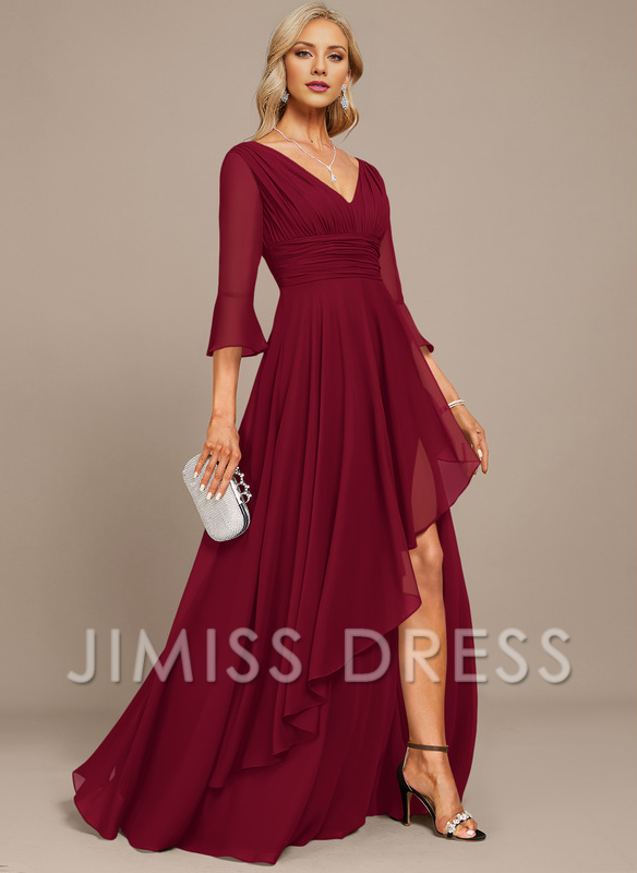 Jimiss A-line V-neck floor mopping chiffon strap with layered ruffles mother of the bride dress