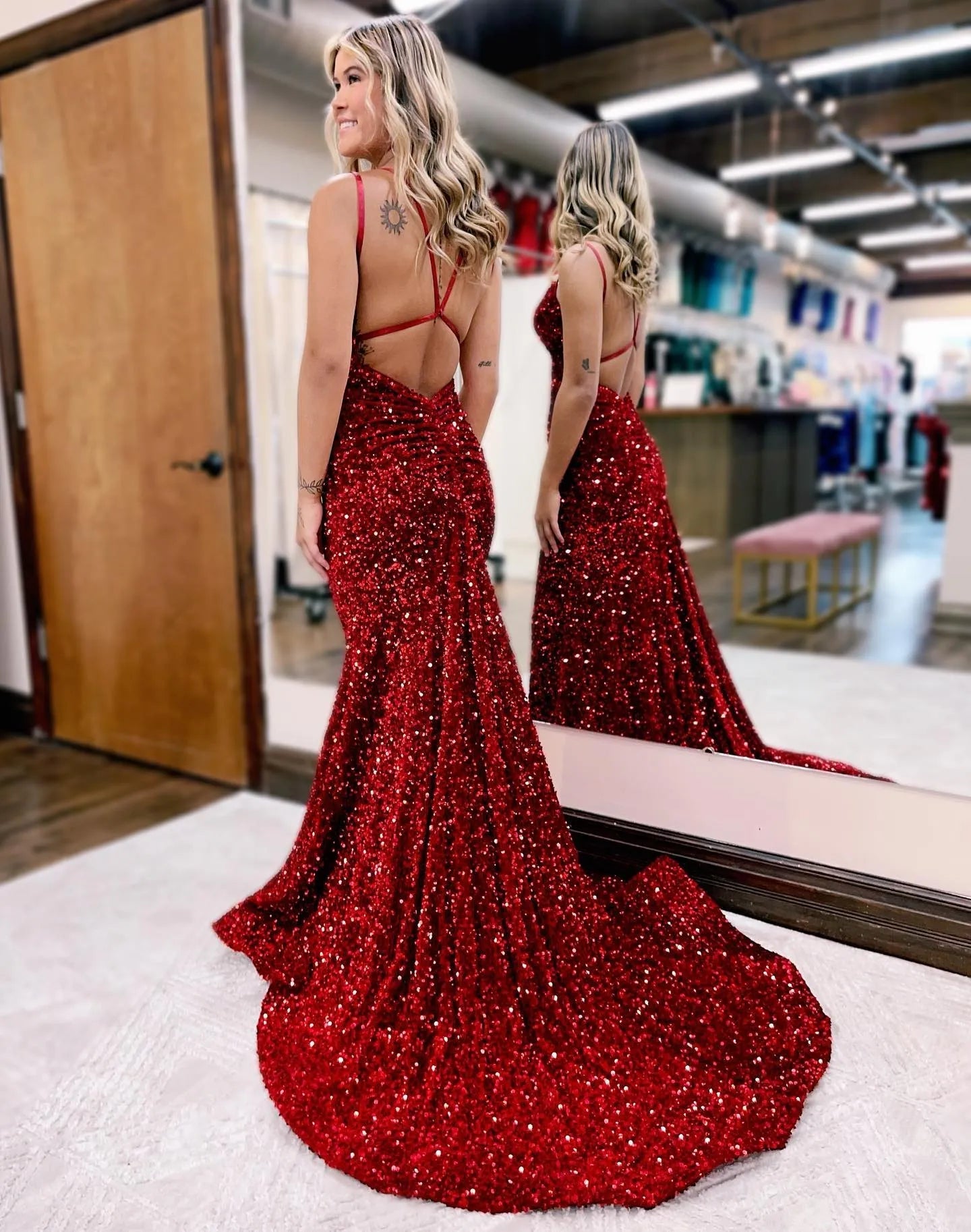 Mermaid V Neck Court Train Sequined Prom Dress Sparkly Sexy