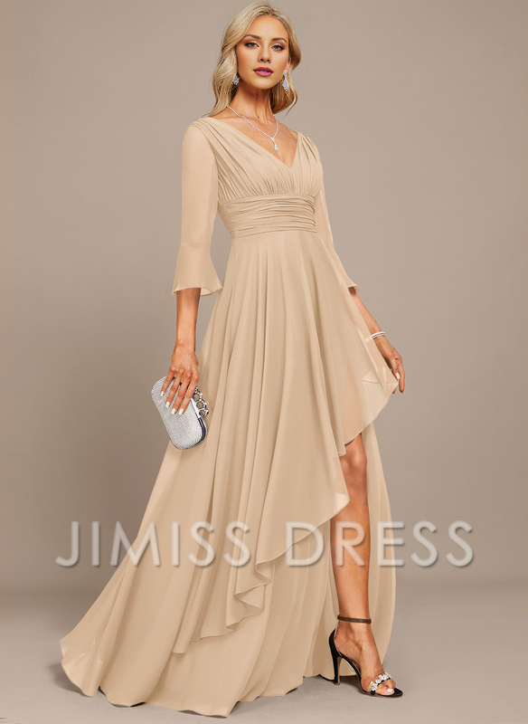 Jimiss A-line V-neck floor mopping chiffon strap with layered ruffles mother of the bride dress