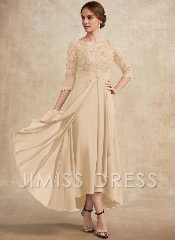 Jimiss A-line hollow illusion asymmetrical lace chiffon belt with layered ruffles mother of the bride dress