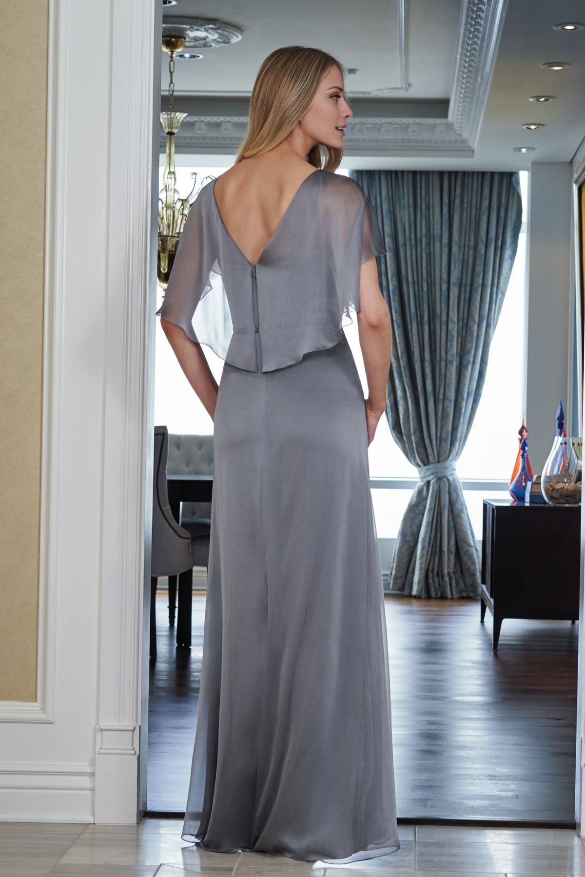 A-line square neck chiffon bead belt and floor length mother of the bride dress