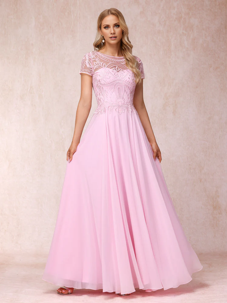 A-line/princess transparent collar short sleeved long with decal mother of the bride dress
