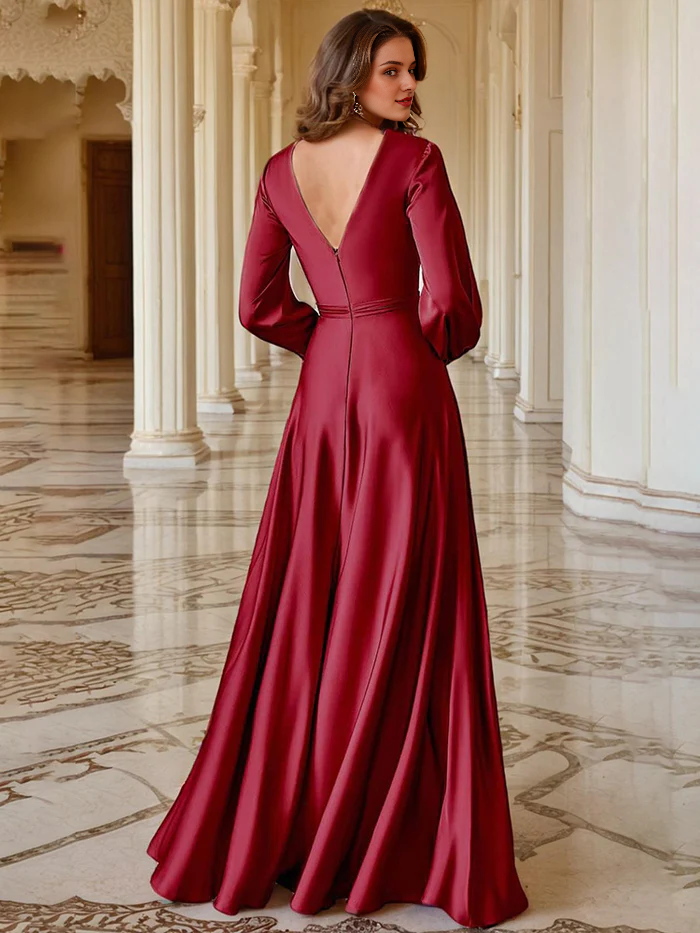 Fashionable deep V-neck high slit long sleeved mother of the bride dress