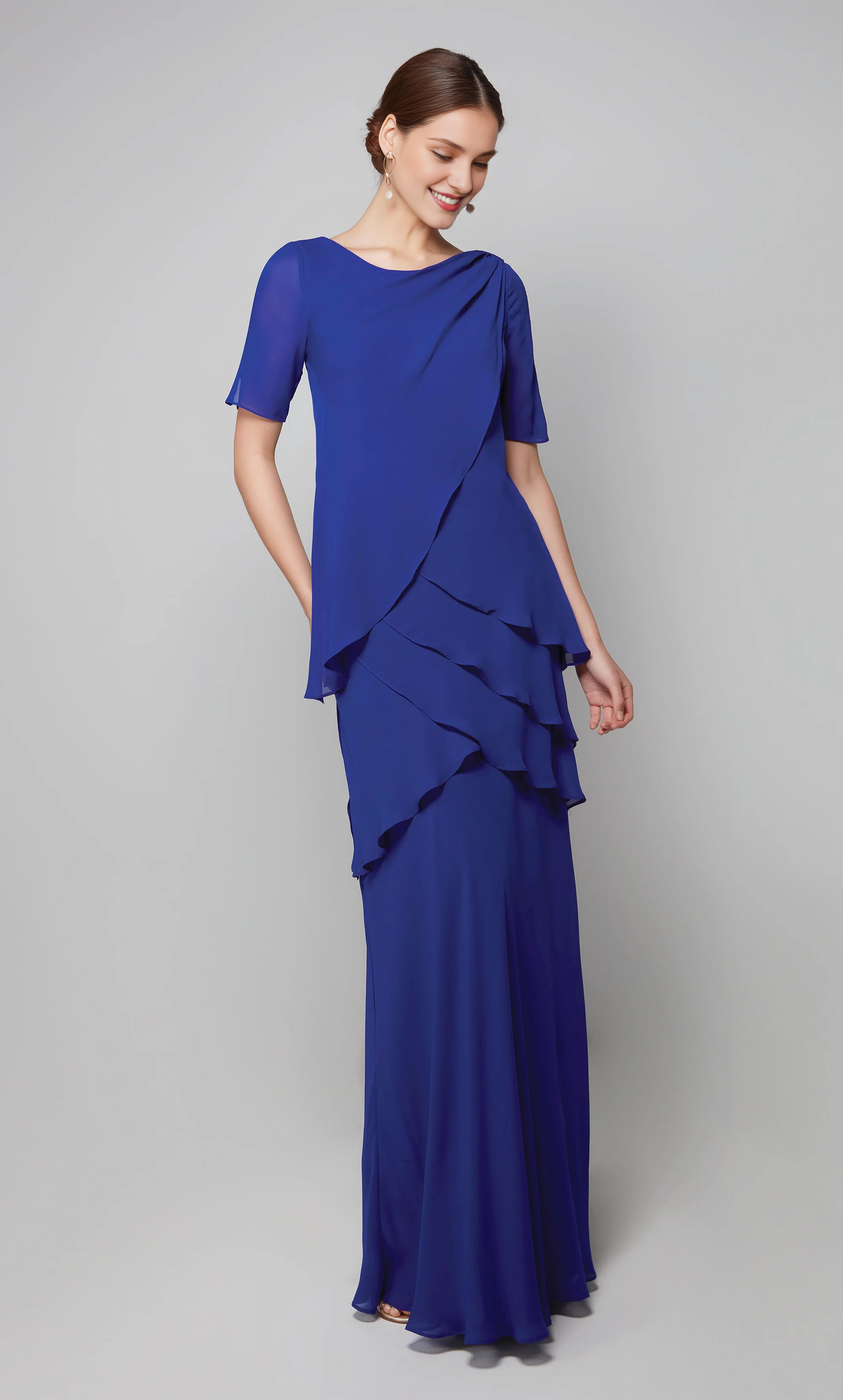 Chiffon high round neck straight tube side zipper layered skirt for formal long mothers of the bride dresses