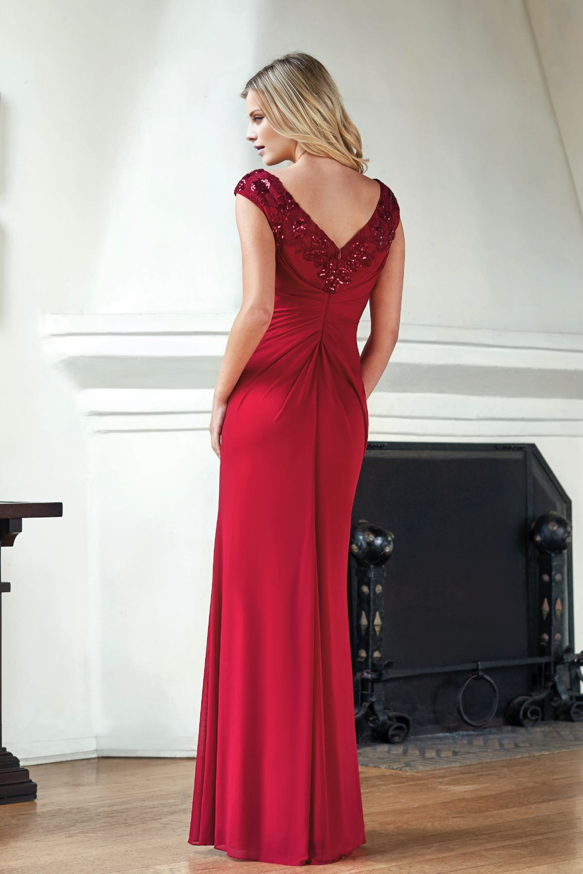 V-neck sequined lace and floor length mother of the bride dress