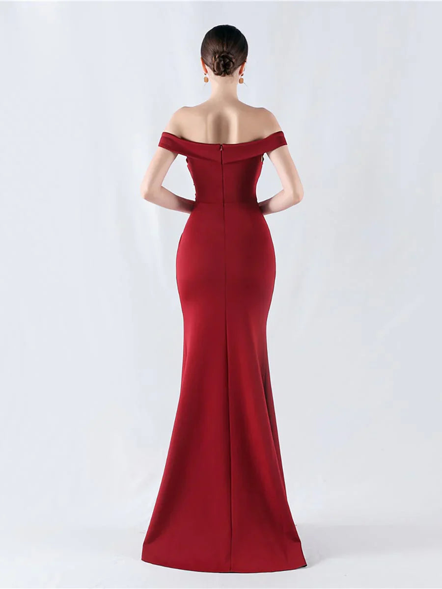 Off shoulder collar pleated hem split and floor length Prom Dress - LD Dress