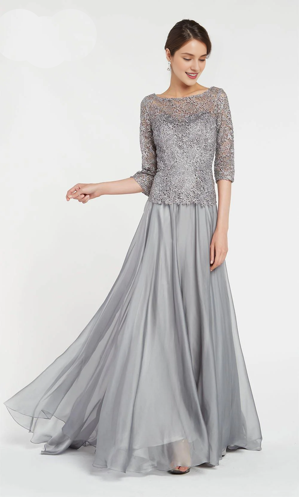 One necked half sleeved lace chiffon formal long mothers of the bride dresses