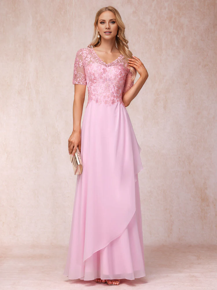 A-line/Princess V-neck short sleeved long formal mother of the bride dress
