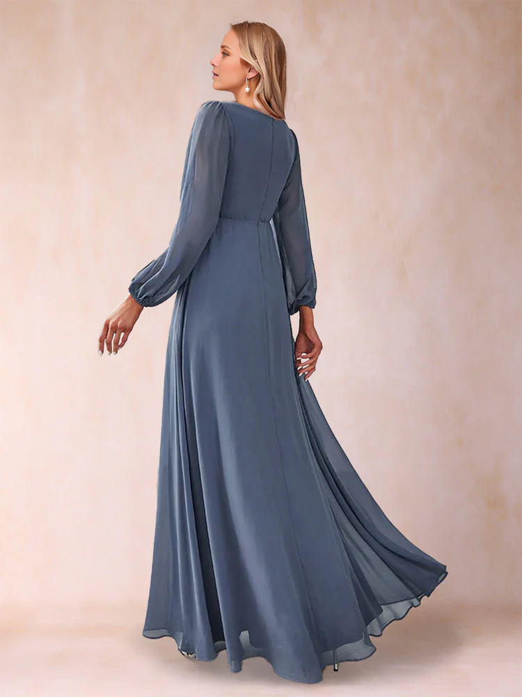 A-shaped princess V-neck ruffled edges and ground length mother of the bride dress