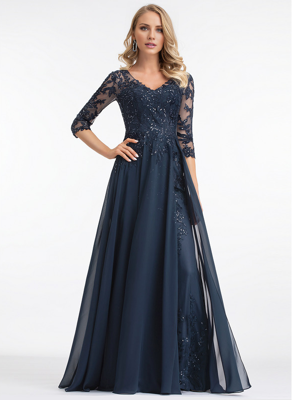 Jimiss A-line V-neck floor mopping lace chiffon with sequins, mother of the bride dress