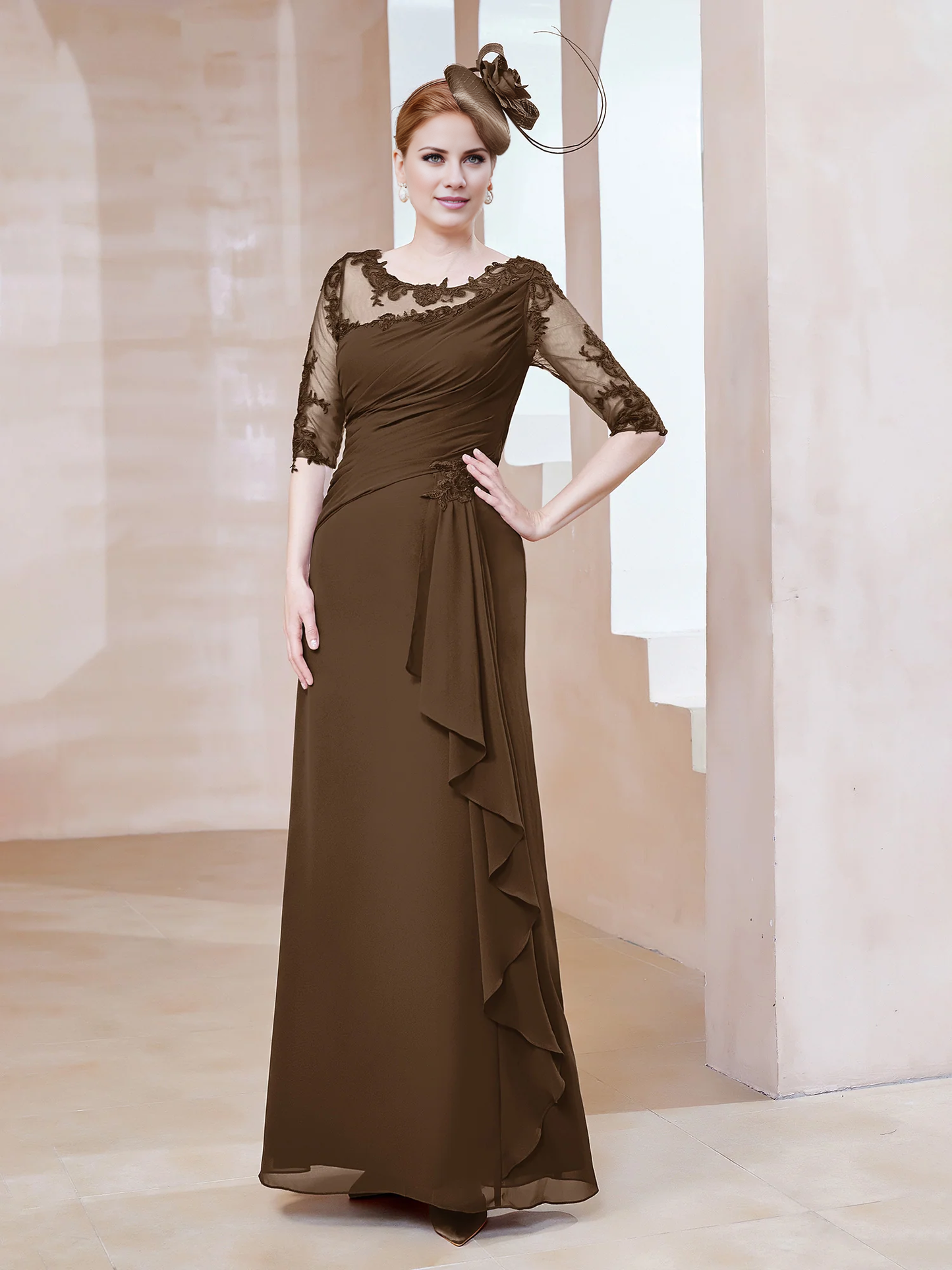 Low round lace neckline with ruffled edges, tight fitting mother of the bride dress