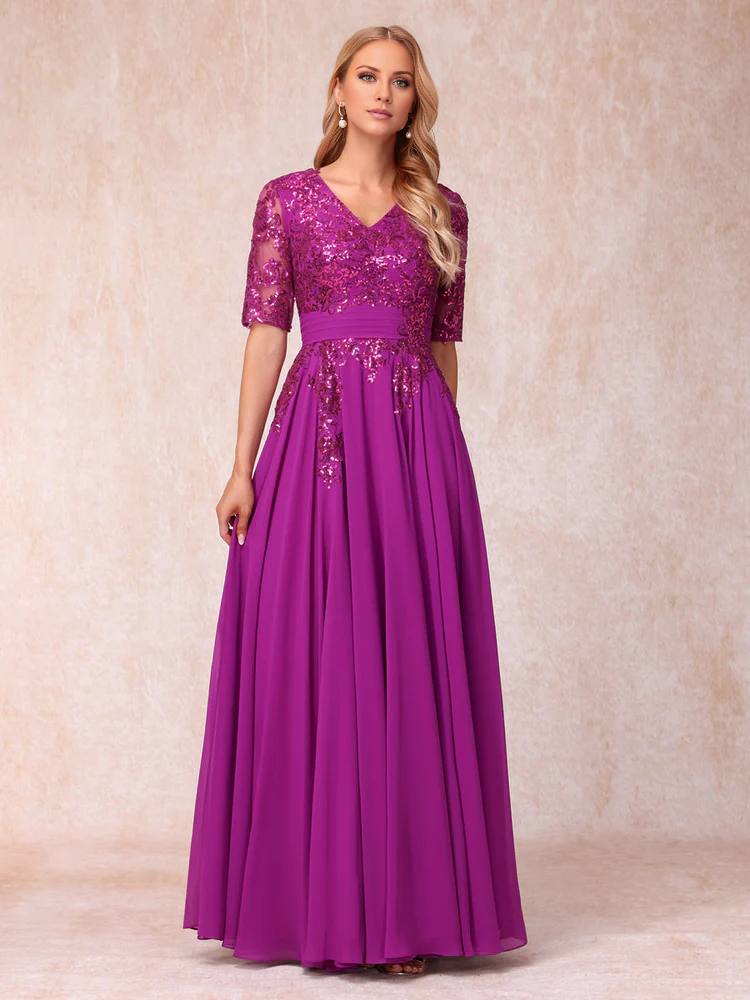A-line/princess V-neck half sleeved shiny long style official mother of the bride dress