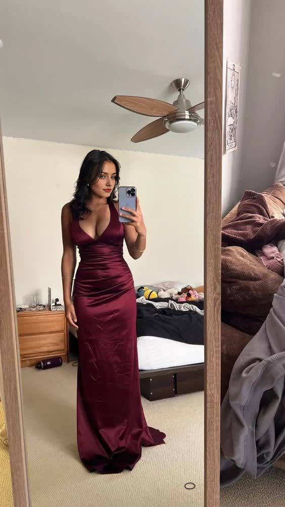 Jimiss Simple Wine Red V-neck Long Party Dress Formal Prom Dress