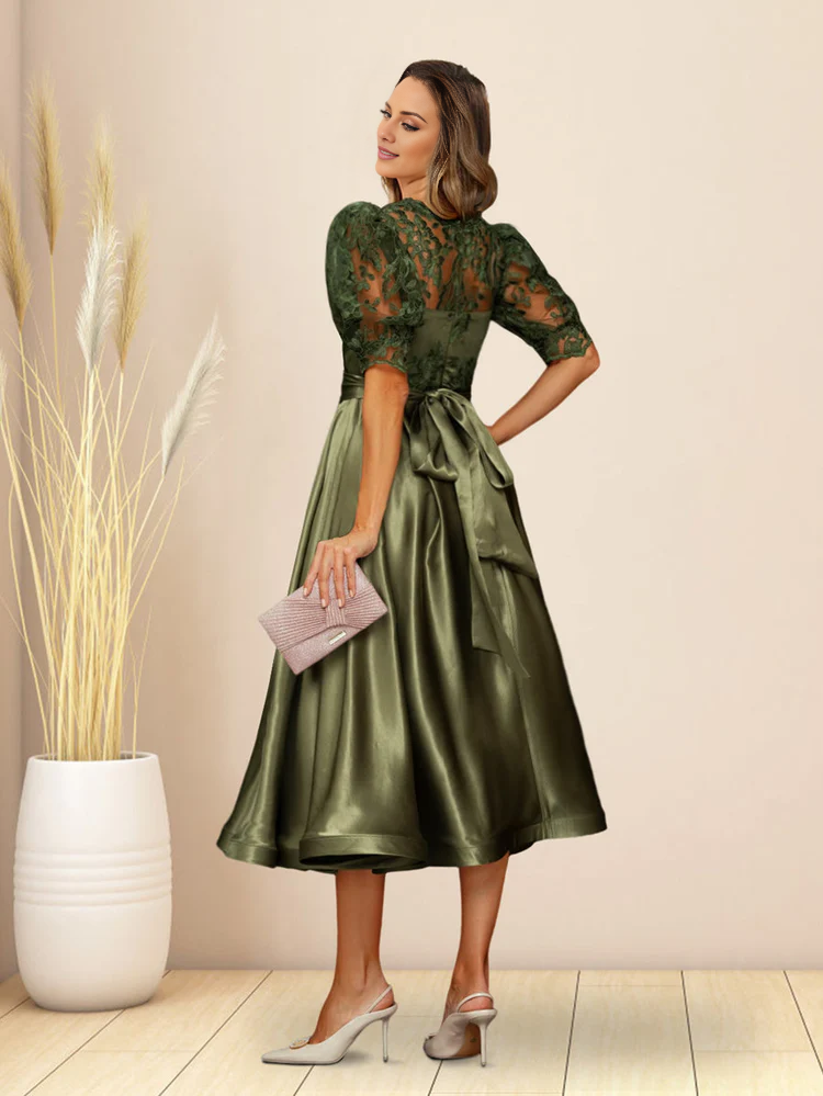 A-line/Princess V-neck fluffy sleeves tea long mother of the bride dress