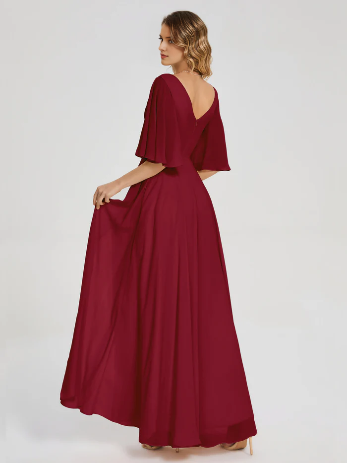 V-neck half sleeved chiffon mother of the bride dress