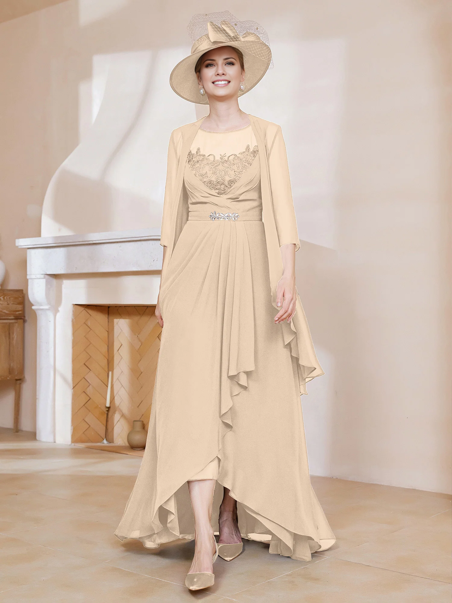 Illusionary collar ruffled dress paired with jacket mother of the bride dress
