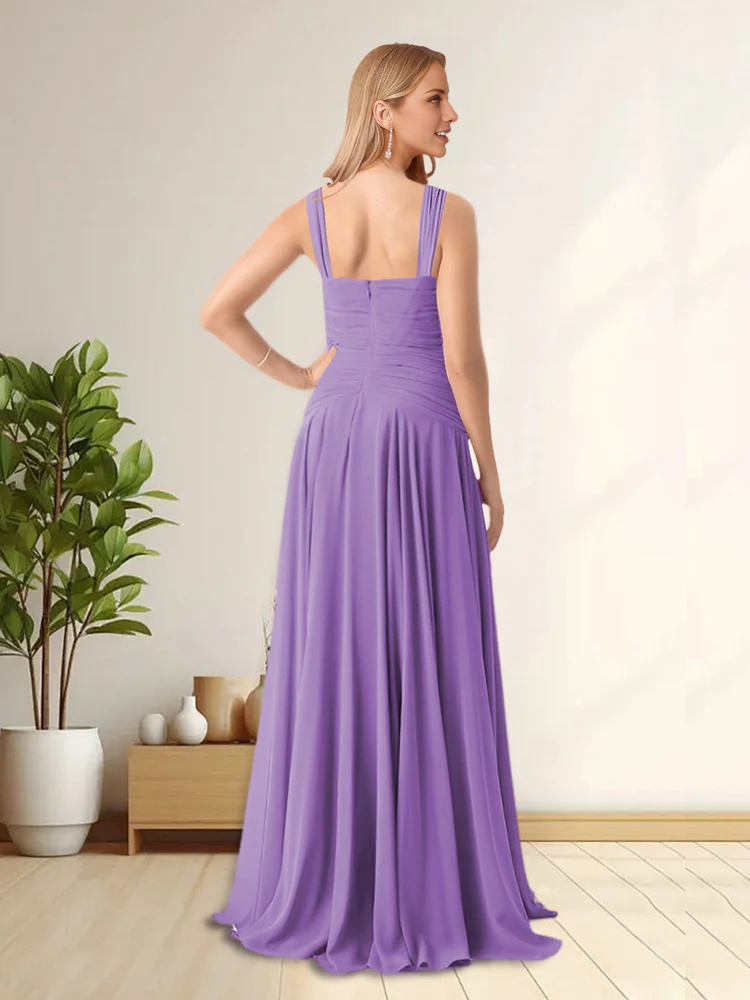 Thin shoulder strap with ruffled edges and no sleeves, formal mother of the bride dress