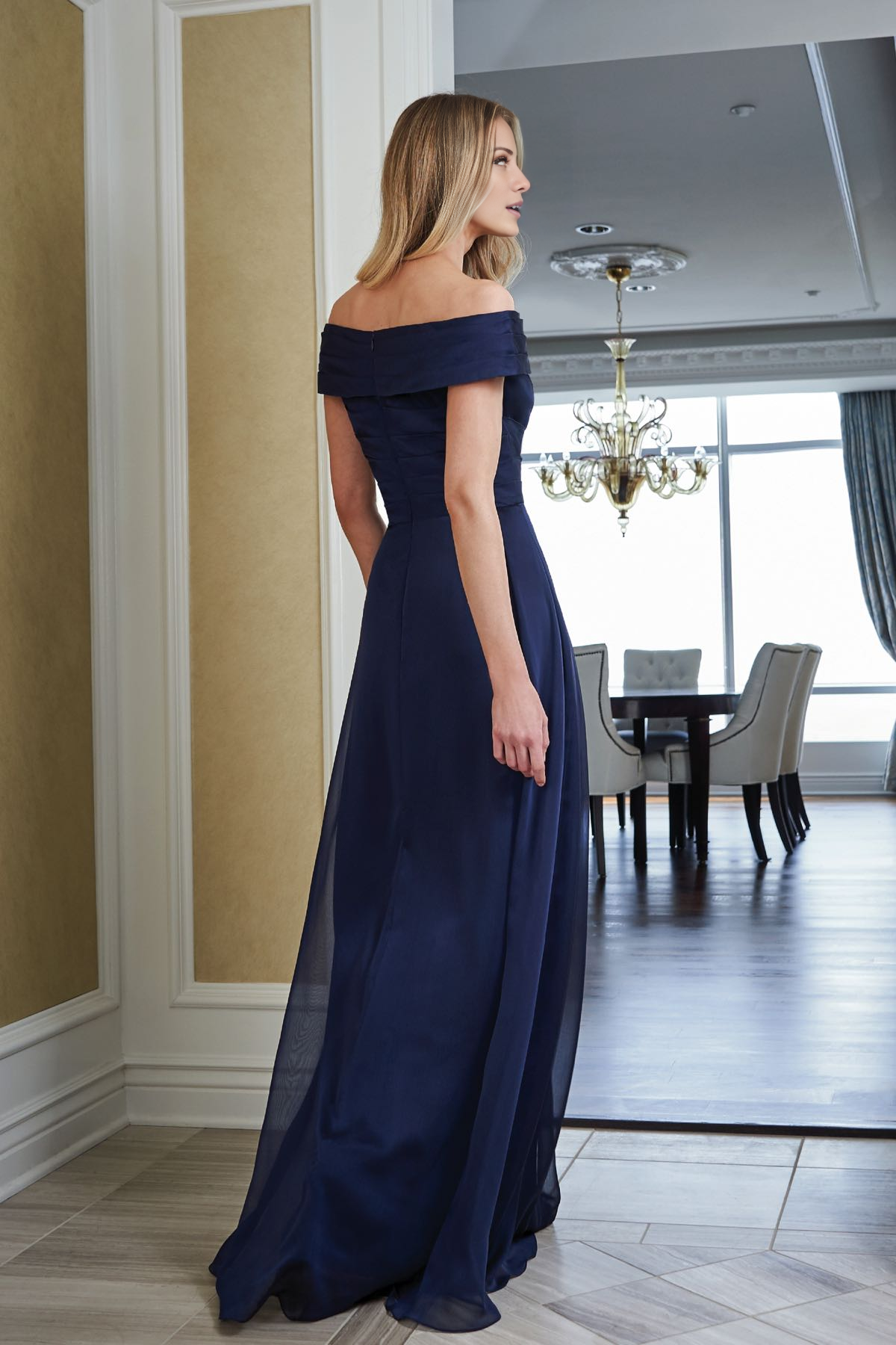 A-line off shoulder collar chiffon pleated body and floor length mother of the bride dress