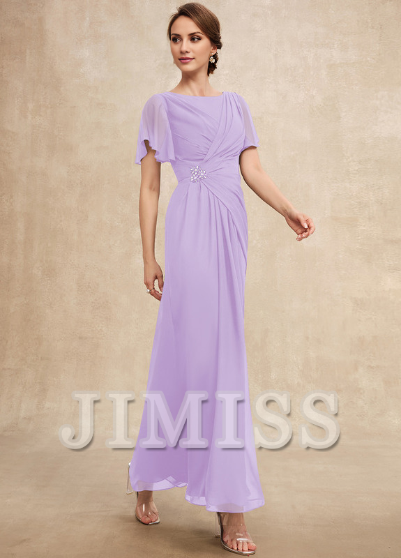 Beaded pleated A-line plunging ankle-length chiffon mother of the bride dress