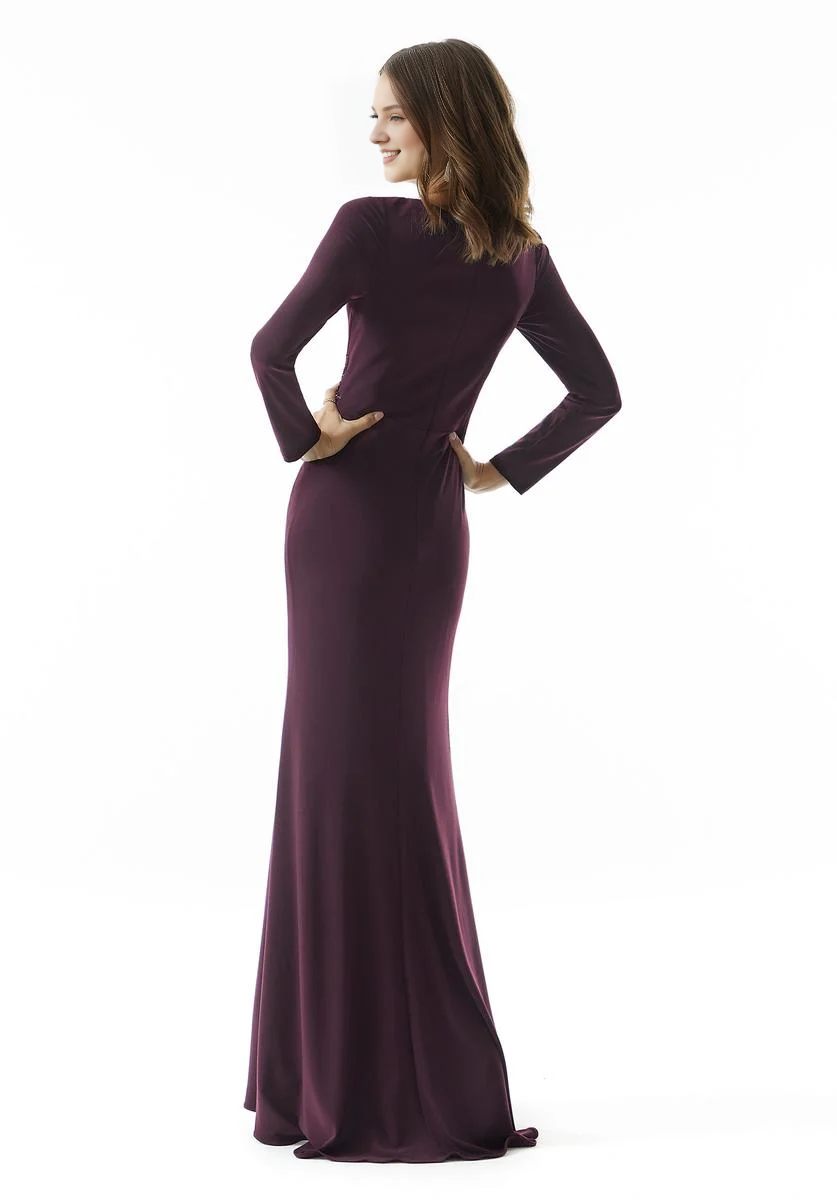 V-neck long sleeved side slits and floor length mothers of the bride dresses