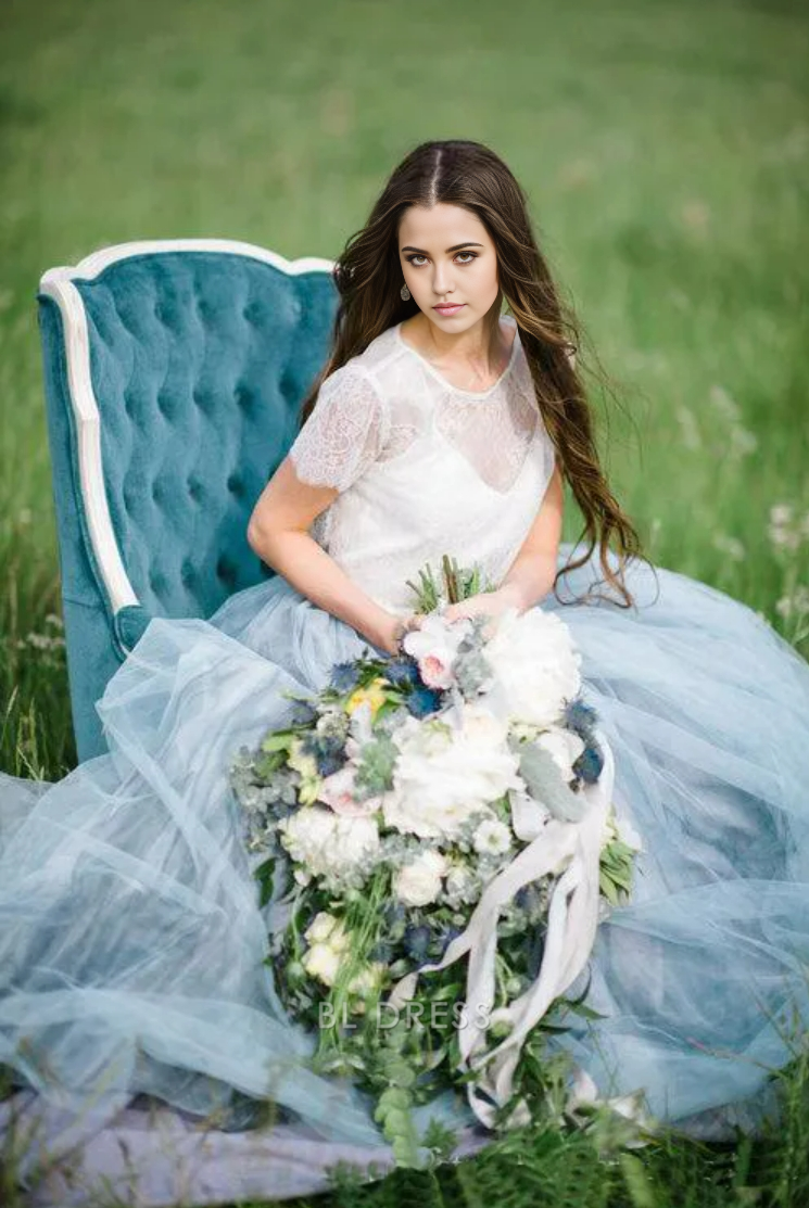 A Line Beautiful lace Top Short Sleeves Prom Dress Wedding Dresses