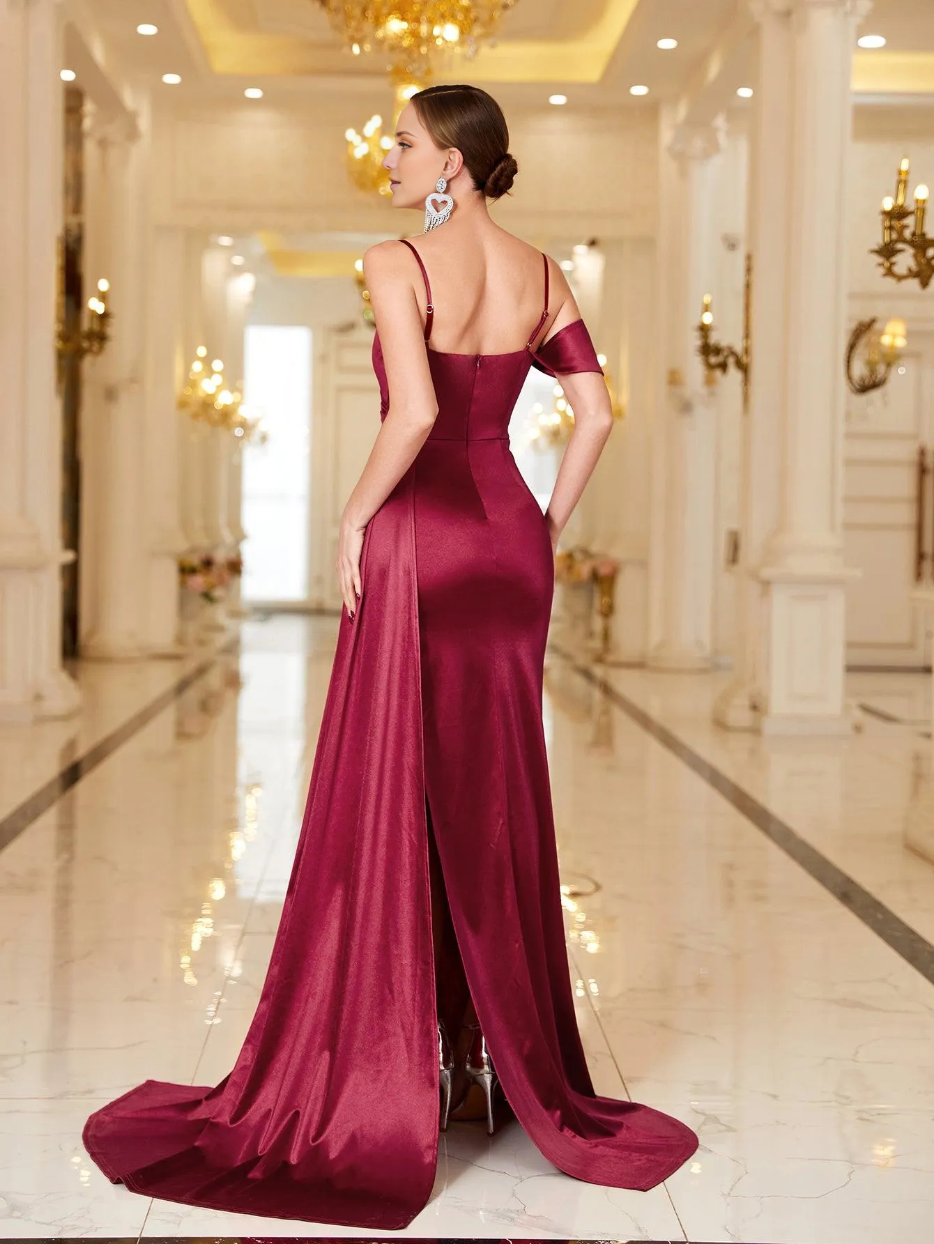 Satin backless slit thigh slim shoulder straps and floor length formal dresses