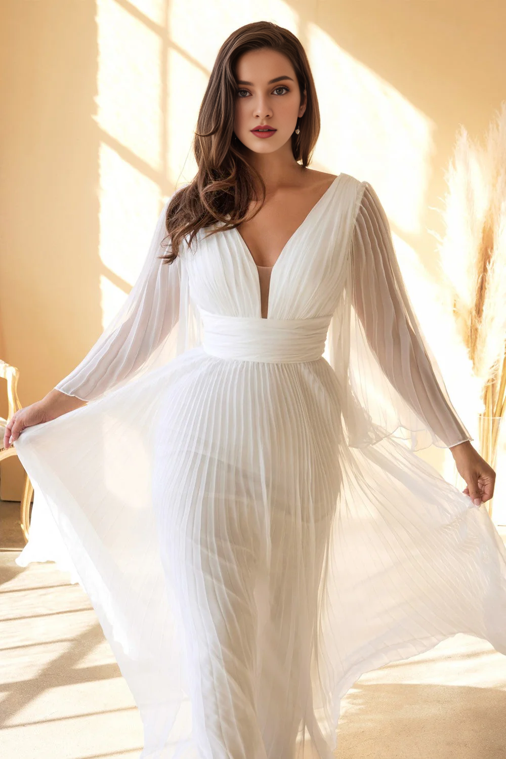Wrinkled long flared sleeves off white wedding dress