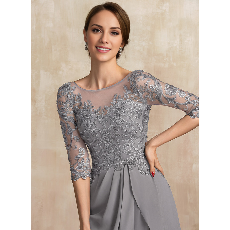 Jimiss A-shaped Scoop Illusion floor mopping chiffon lace ribbon bead sequins layered ruffles mother of the bride dress