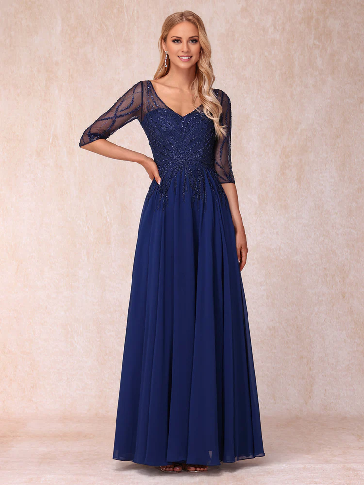A-line/Princess V-neck Half Sleeve Long Formal Bead Decoration Mother of the bride Dress