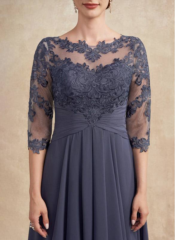 Jimiss A-line hollow illusion asymmetrical lace chiffon belt with layered ruffles mother of the bride dress