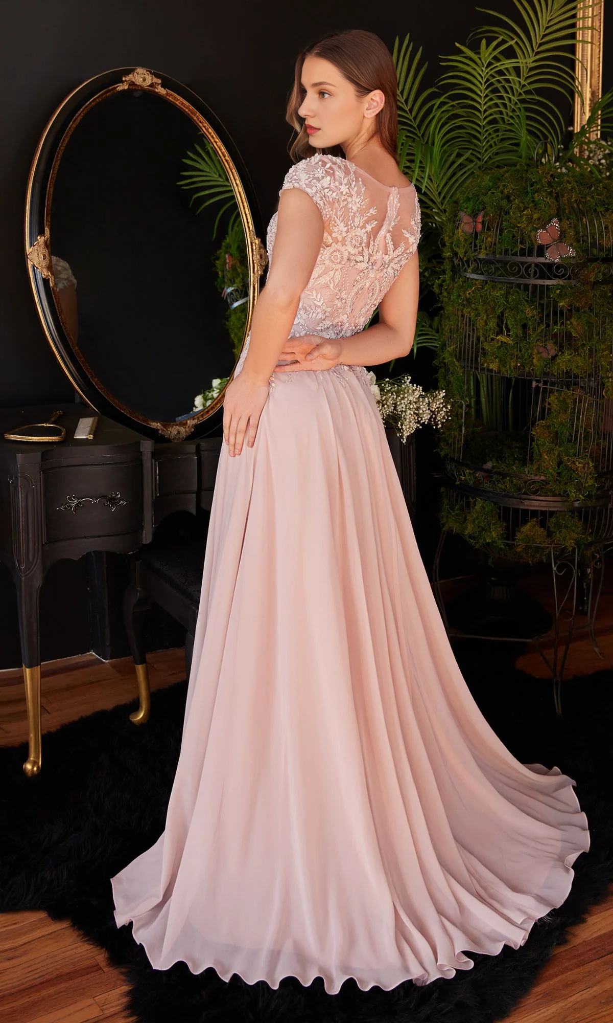 A-line silhouette silk ski spinning transparent sleeve embroidery lace Prom dress