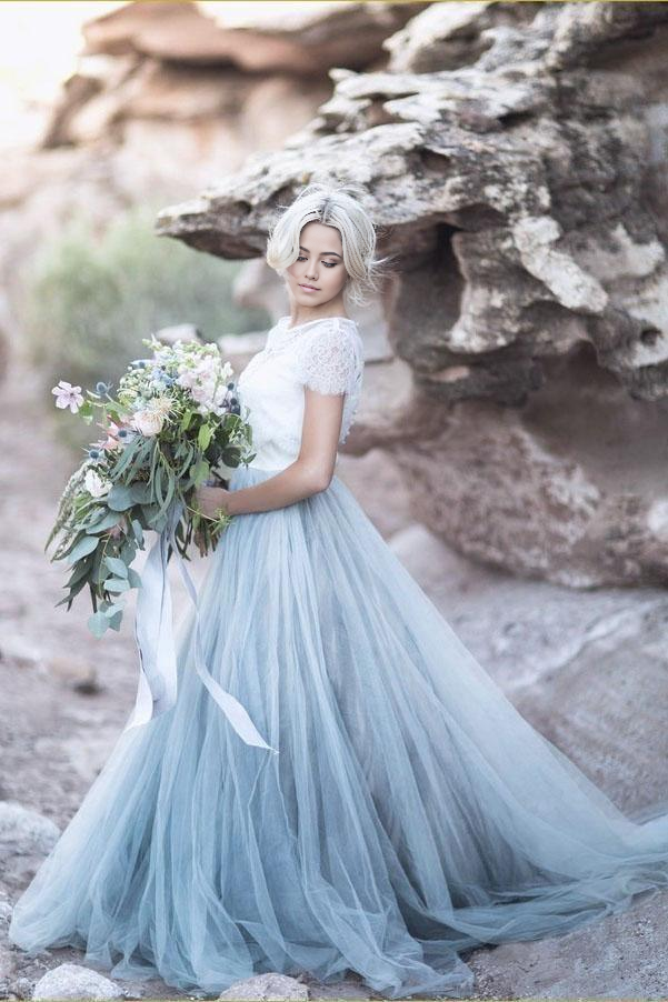 A Line Beautiful lace Top Short Sleeves Prom Dress Wedding Dresses